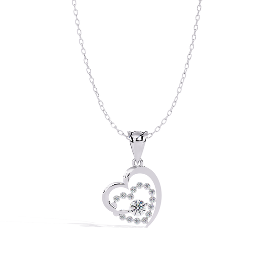 white gold heart shaped pendant with round diamond design
