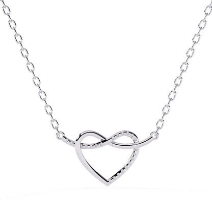 White gold heart infinity pendant with round diamonds placed in curved infinity pattern open heart style smooth high polish pendant connected with white gold chain