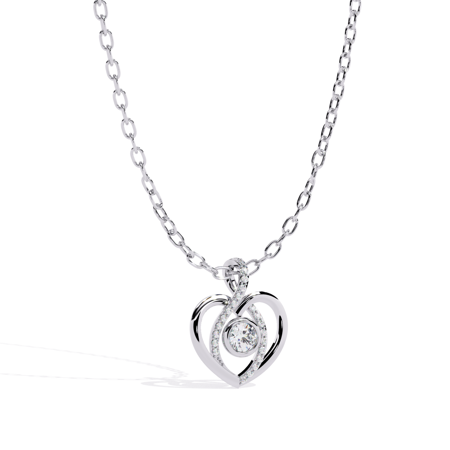 white gold heart pendant featuring a round diamond centerpiece with flowing diamond accents