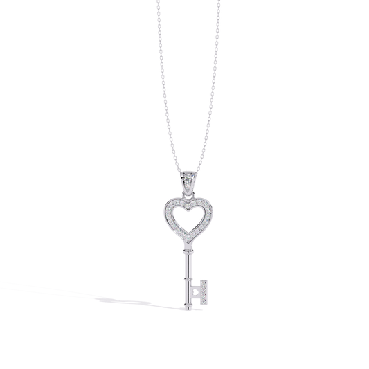 White gold open heart key pendant with an open heart bow outlined in diamonds and a sleek key stem finished with diamond-set key end