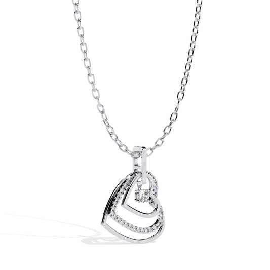 White gold open heart pendant featuring a nested open heart design with a hanging round diamond