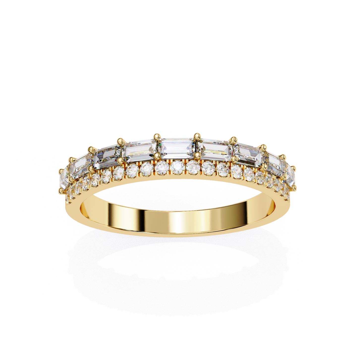 Front view yellow gold band with baguette and round diamonds