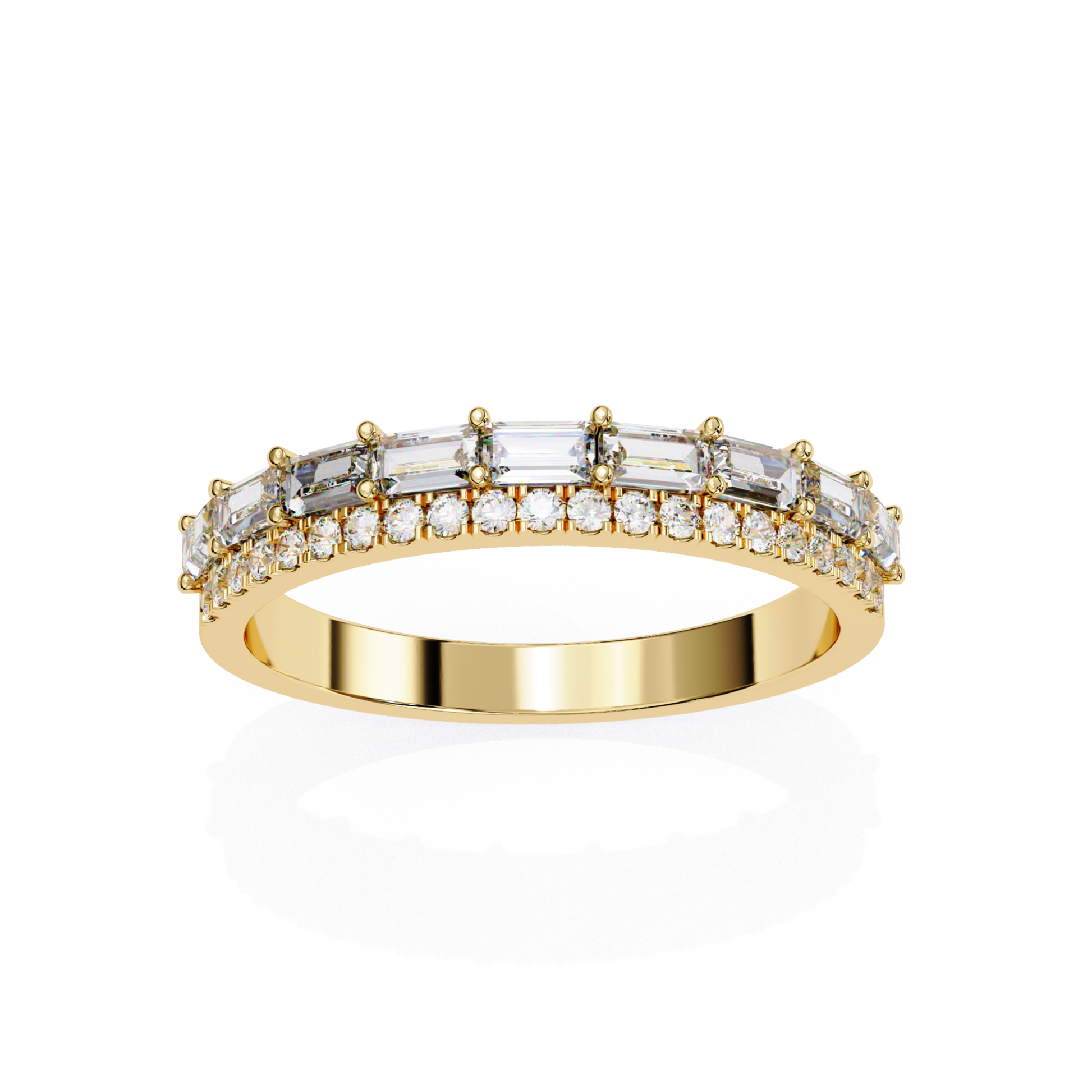 Front view yellow gold band with baguette and round diamonds