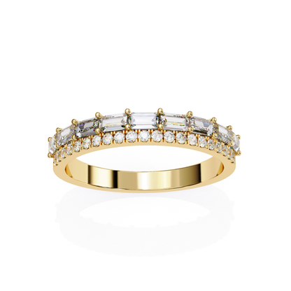 Front view yellow gold band with baguette and round diamonds