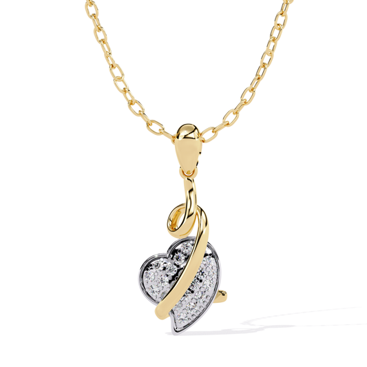 yellow gold curved heart diamond pendant with pavé set diamonds and smooth flowing bail design