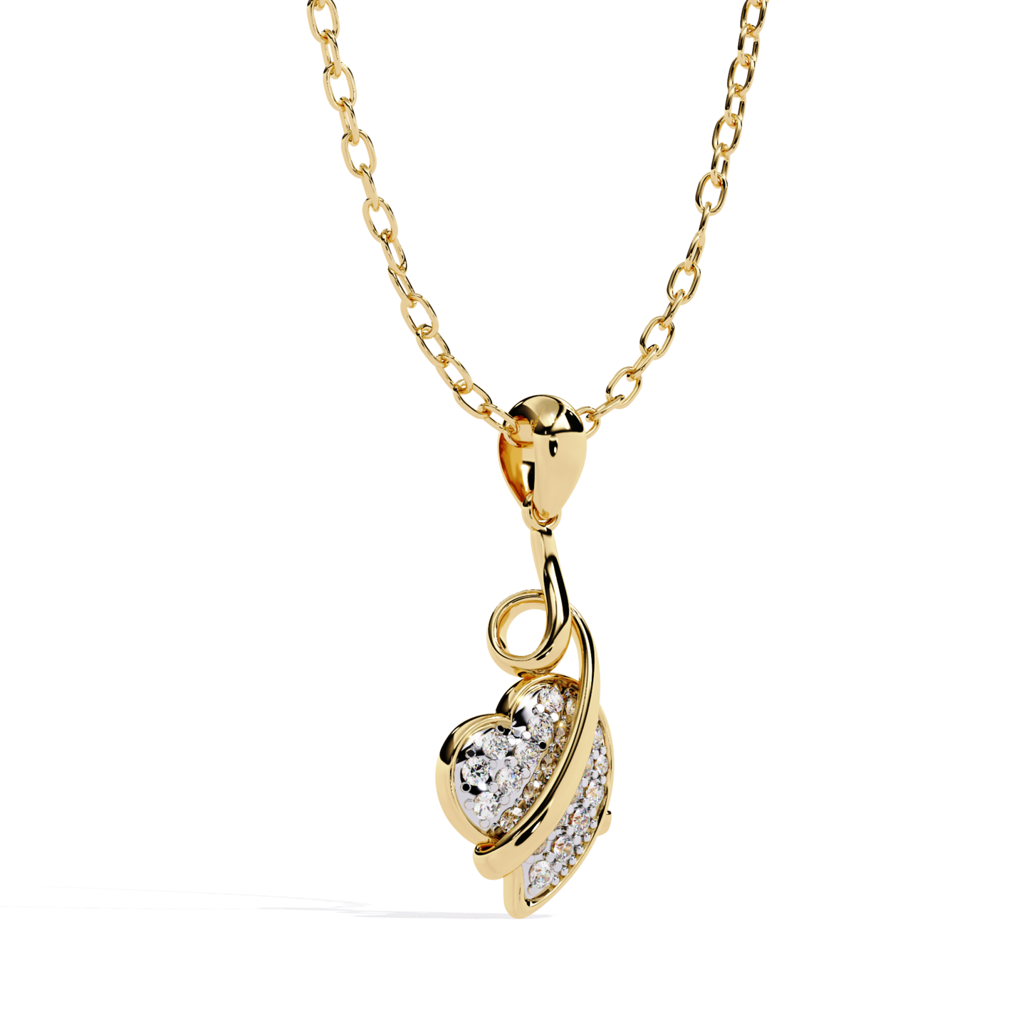 yellow gold curved heart round diamond pendant side view showing flowing metal curve and raised round diamond setting