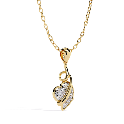 yellow gold curved heart round diamond pendant side view showing flowing metal curve and raised round diamond setting