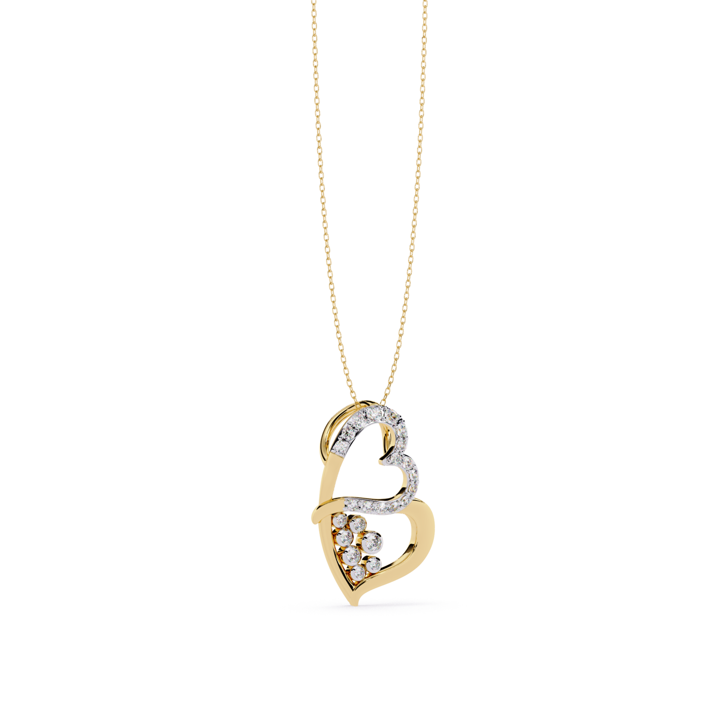Yellow gold double heart pendant with round cut diamonds set in smooth curved frame featuring pave diamond accents and fine gold chain attached