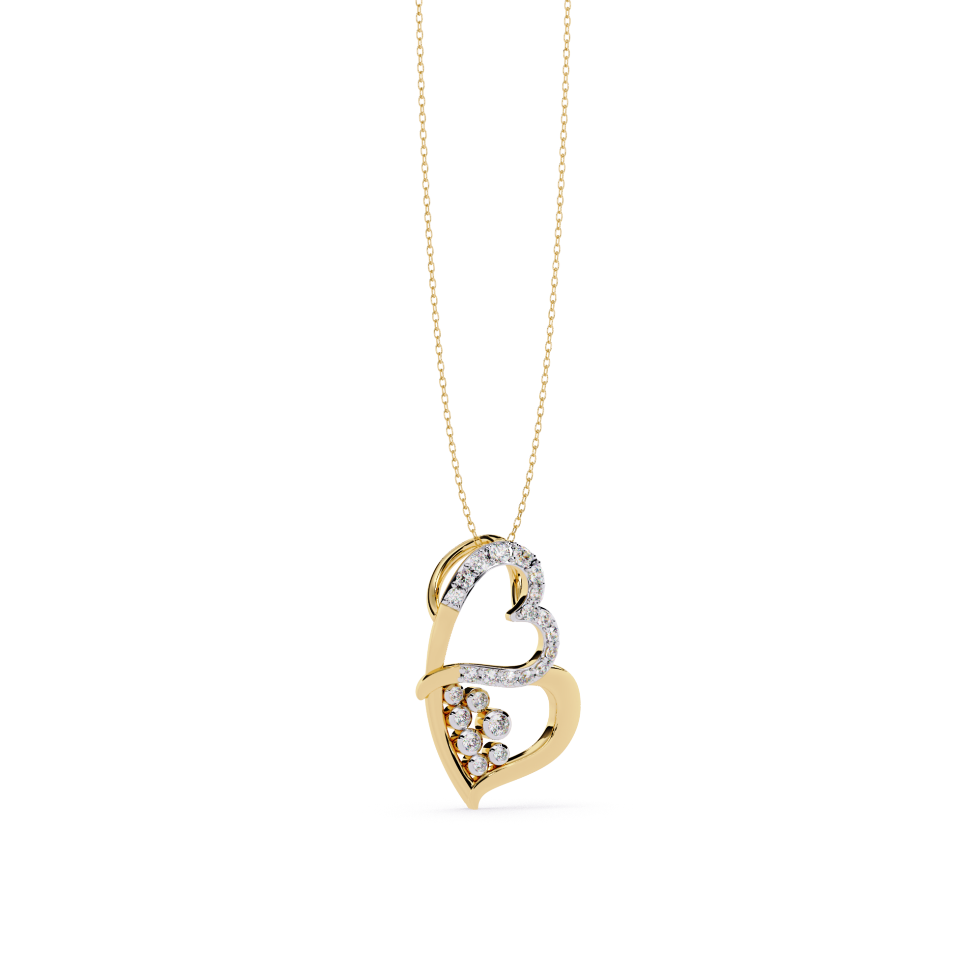 Yellow gold double heart pendant with round cut diamonds set in smooth curved frame featuring pave diamond accents and fine gold chain attached