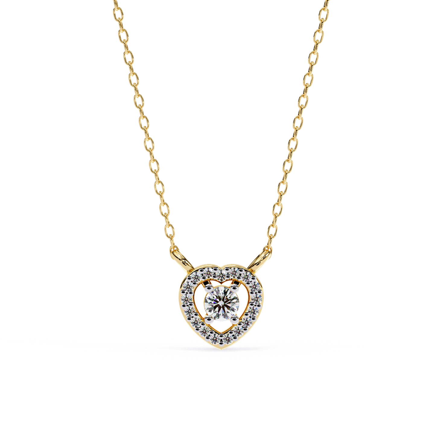 Complete yellow gold necklace featuring a small, sparkling heart pendant with a center diamond and a halo on a delicate chain.