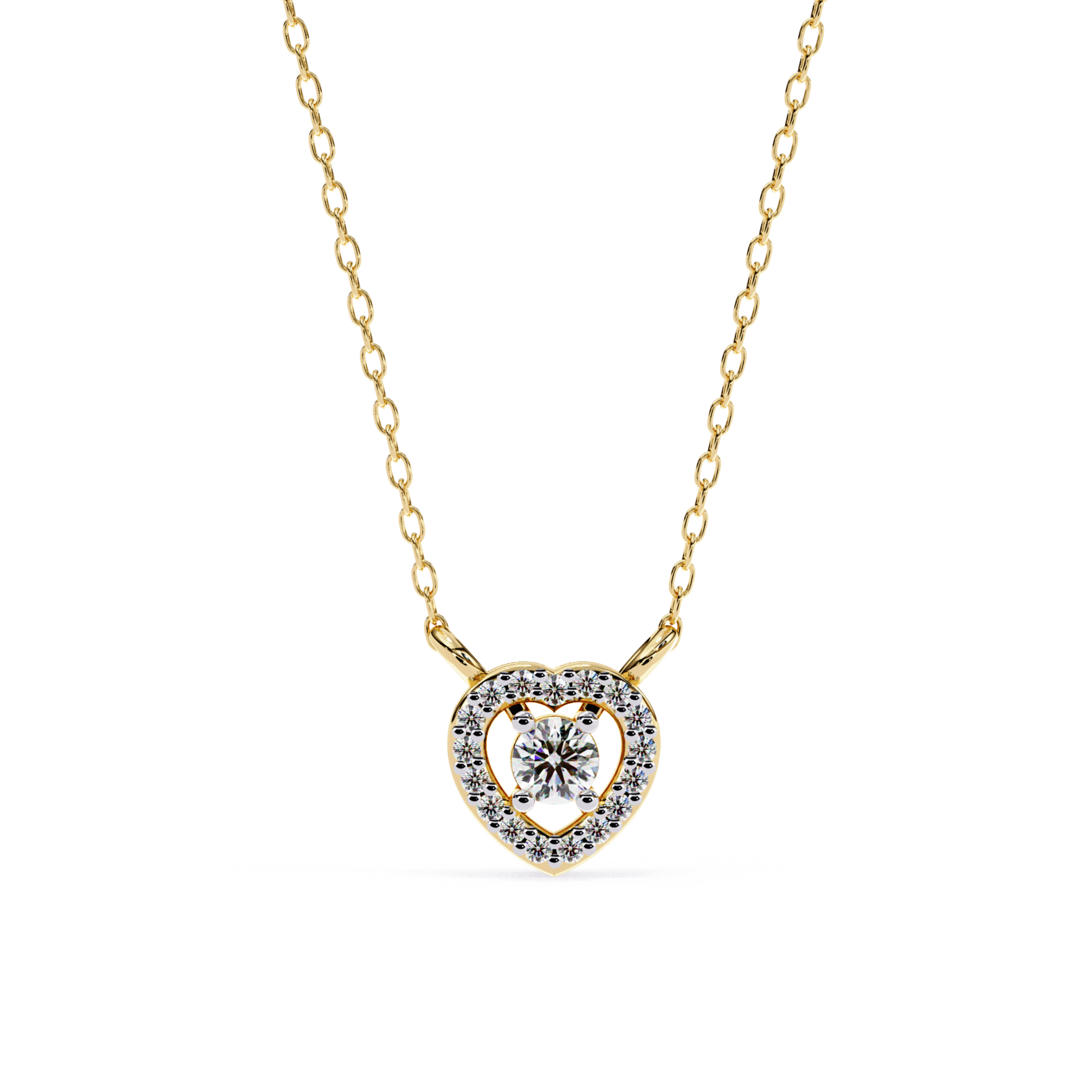Complete yellow gold necklace featuring a small, sparkling heart pendant with a center diamond and a halo on a delicate chain.