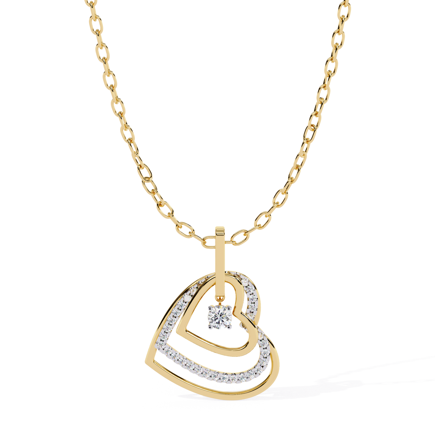 Yellow gold double open heart pendant with round diamond detailing and a single dangling round diamond in the center