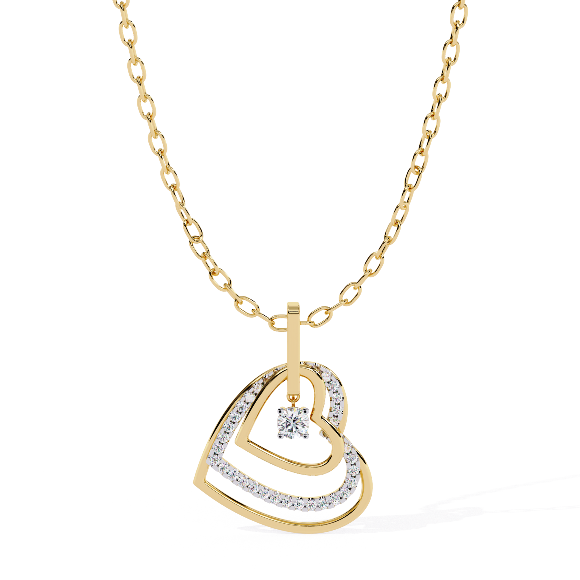 Yellow gold double open heart pendant with round diamond detailing and a single dangling round diamond in the center