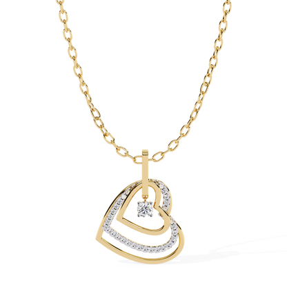 Yellow gold double open heart pendant with round diamond detailing and a single dangling round diamond in the center