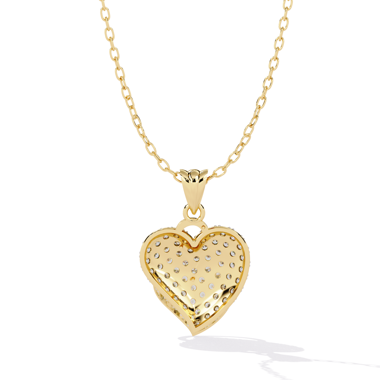 Yellow gold double heart round pavé diamond pendant rear view showing a solid heart back with round diamond seat holes and an overlapping open heart outline structure