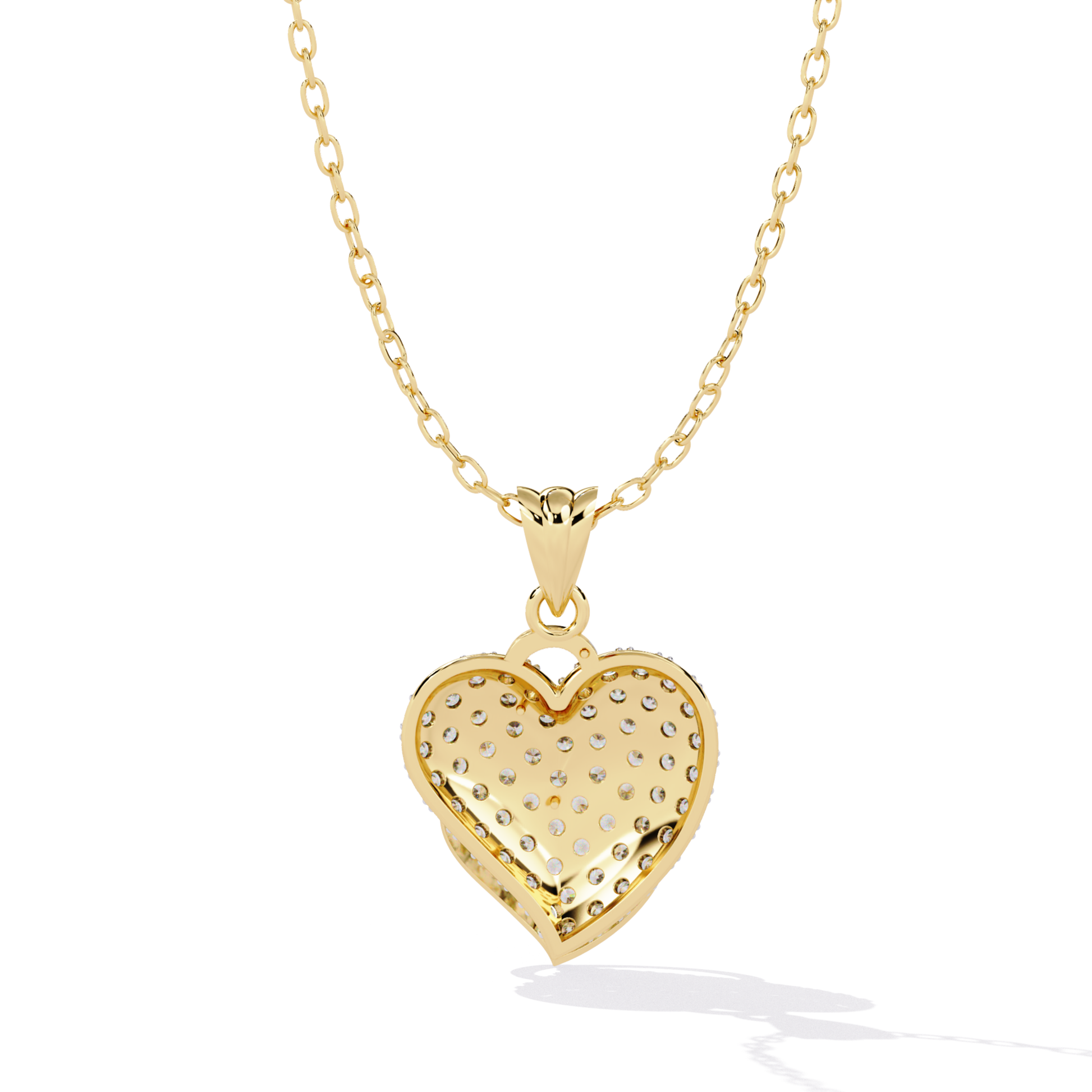 Yellow gold double heart round pavé diamond pendant rear view showing a solid heart back with round diamond seat holes and an overlapping open heart outline structure