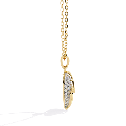 Yellow gold double heart round pavé diamond pendant side profile showing the thickness of the solid pavé-set heart, layered open heart outline, and curved side depth