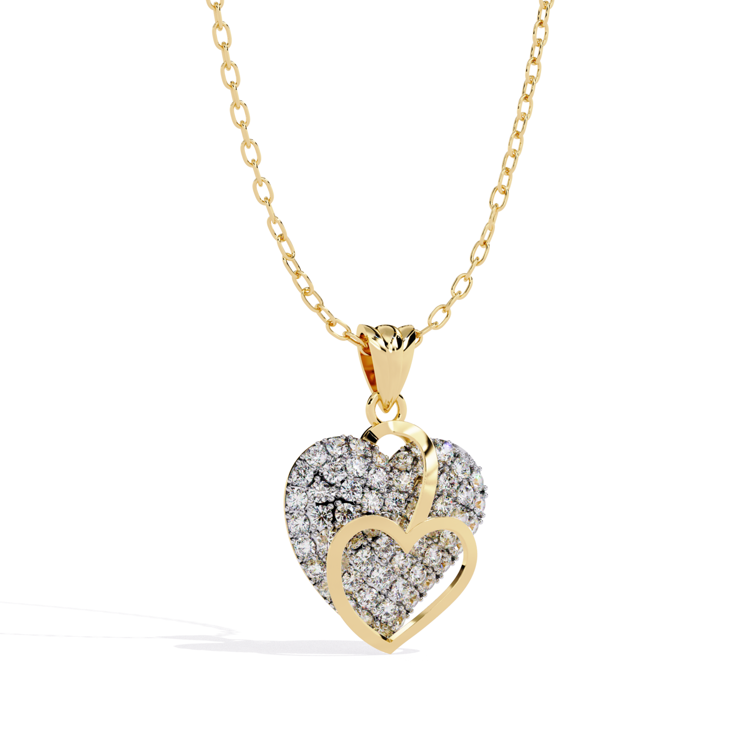Yellow gold double heart pendant featuring a solid heart set with round round diamonds and an overlapping open heart outline with smooth polished edges