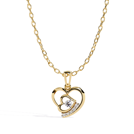 yellow gold double open heart diamond pendant front view with cutout heart design and diamond seat holes