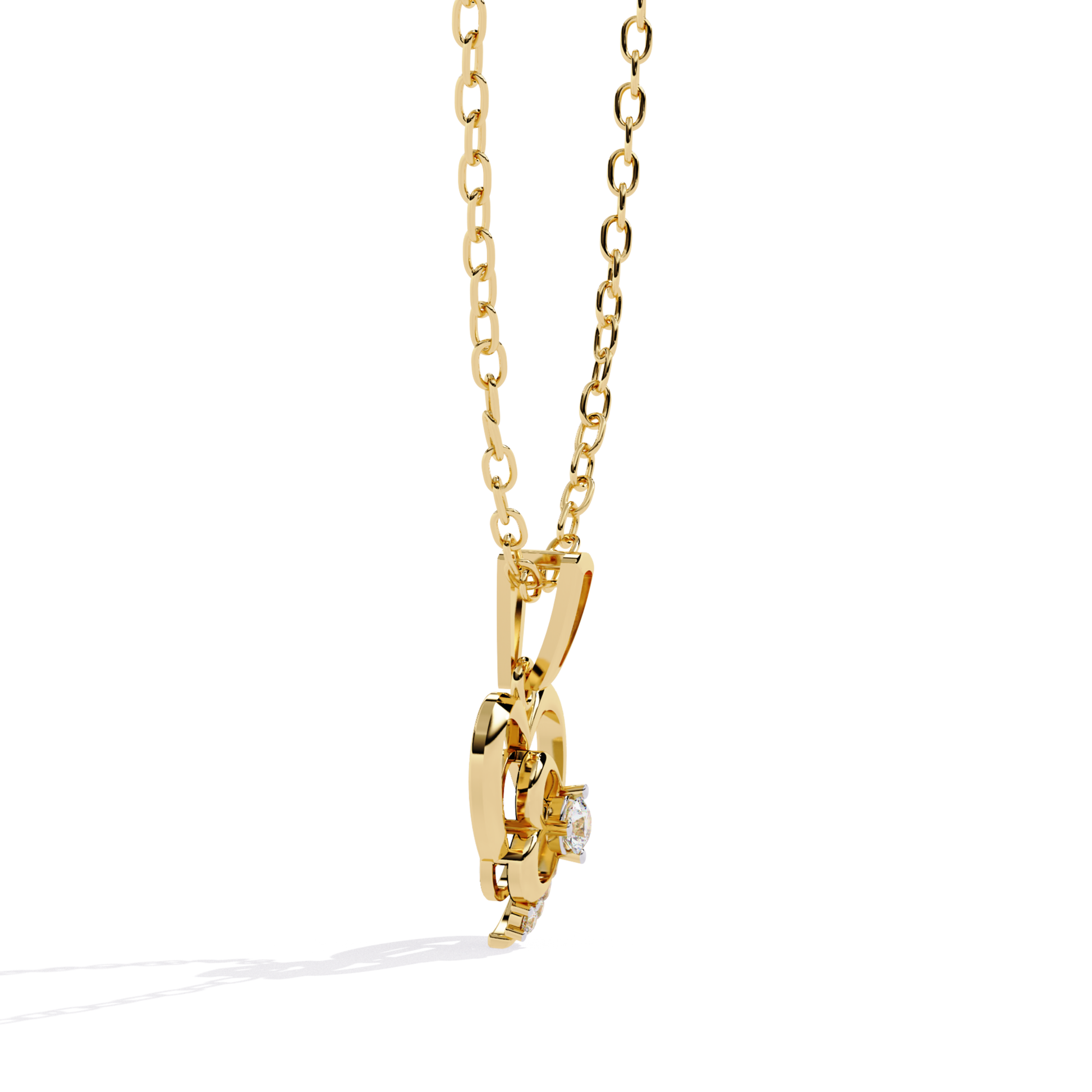 yellow gold double open heart diamond pendant side view showing cutout heart shape open back and diamond seat holes