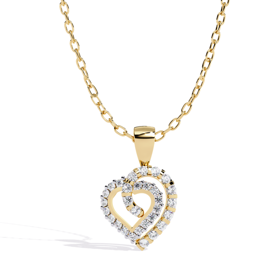 Yellow gold double open heart diamond pendant with curved outer heart and inner open heart set with round diamonds