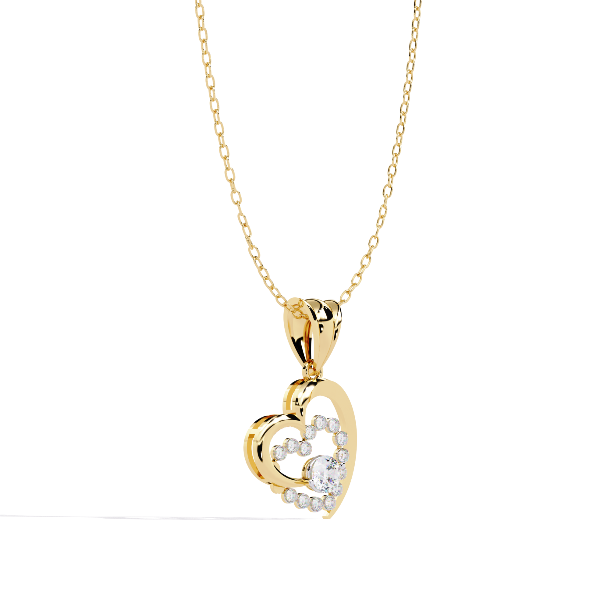 side angle view of a yellow gold heart pendant featuring a circular diamond arrangement with a raised center stone and polished finish