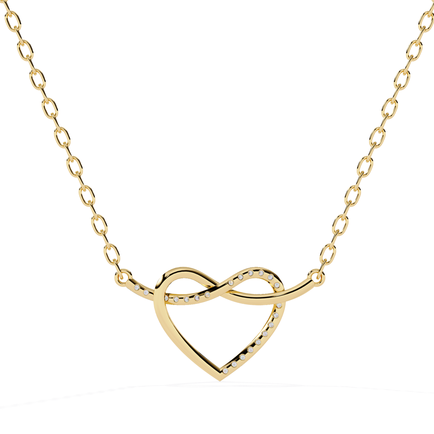 Yellow gold heart infinity pendant with round diamonds set along curved infinity line open heart design polished finish pendant attached with gold chain