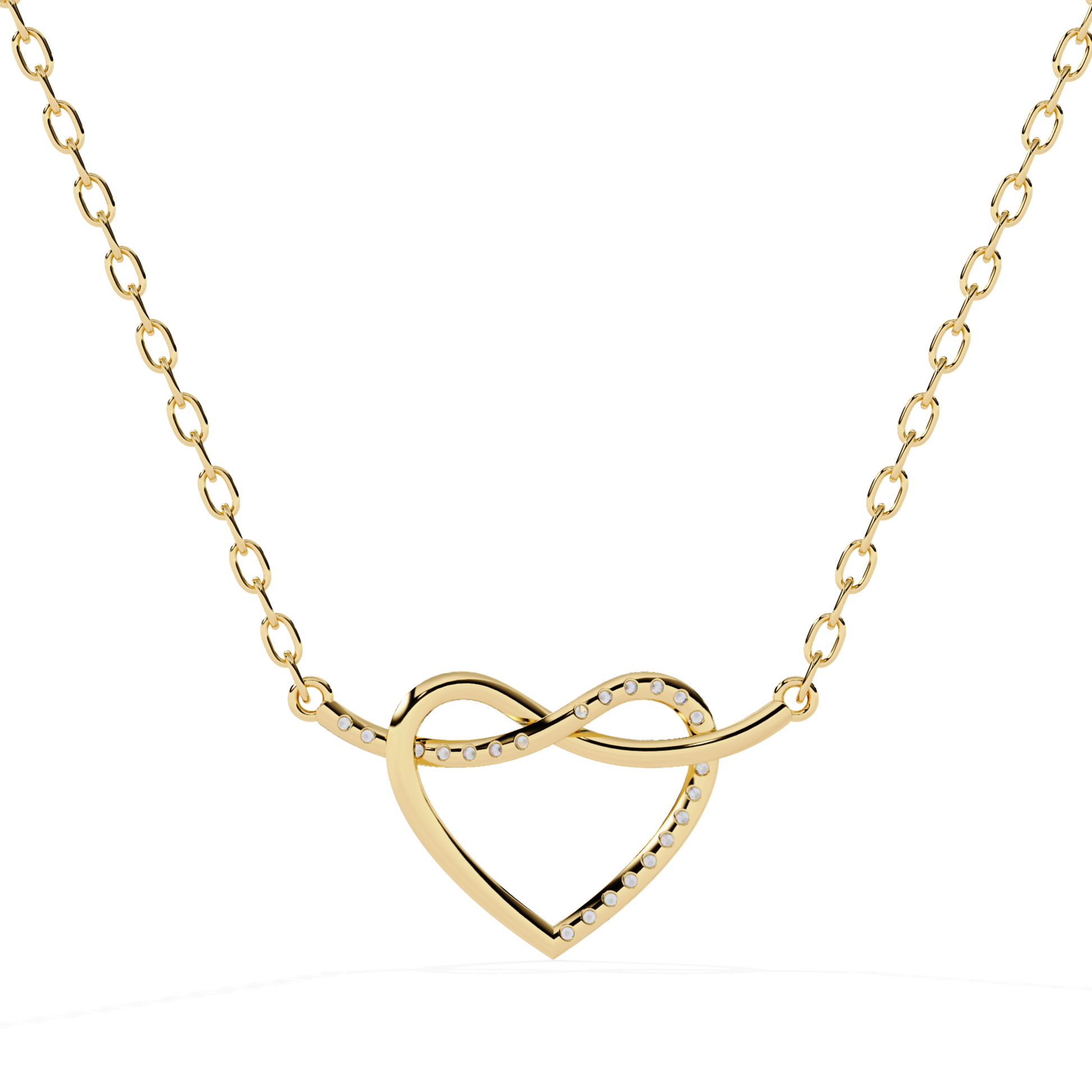 Yellow gold heart infinity pendant with round diamonds set along curved infinity line open heart design polished finish pendant attached with gold chain