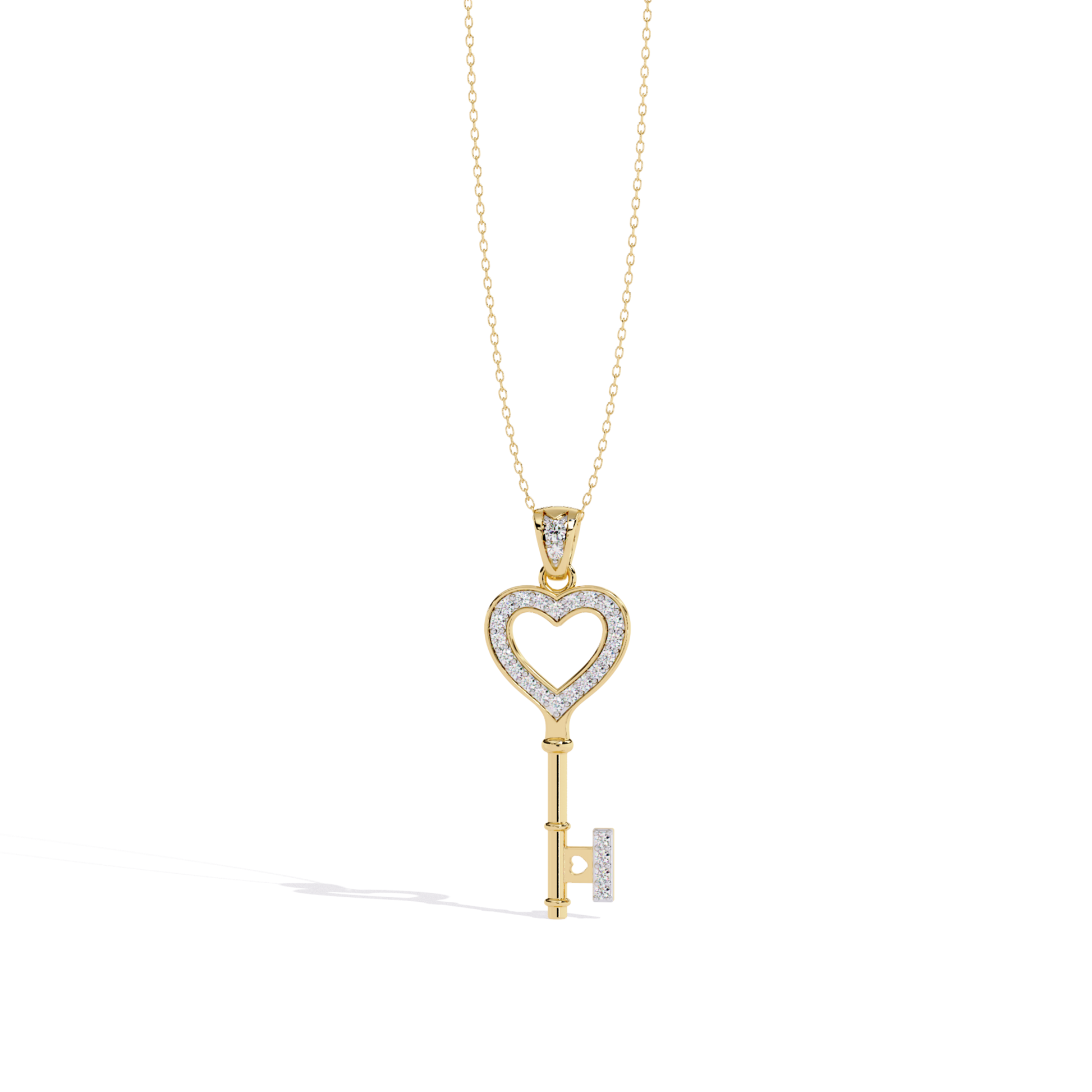 Yellow gold open heart key pendant featuring a heart-shaped bow with diamond-studded outline and a straight key shaft with diamond-accented bit