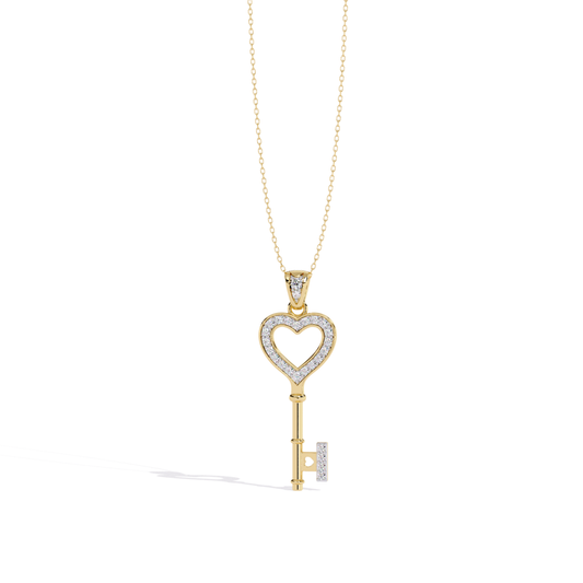 Yellow gold open heart key pendant featuring a heart-shaped bow with diamond-studded outline and a straight key shaft with diamond-accented bit